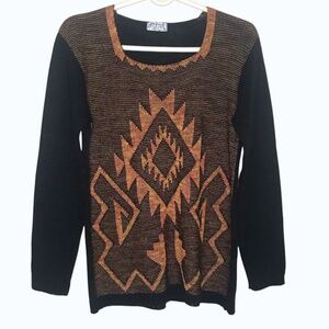 Boho Aztec Pattern Knit Sweater Black Brown Long Sleeve Women’s M